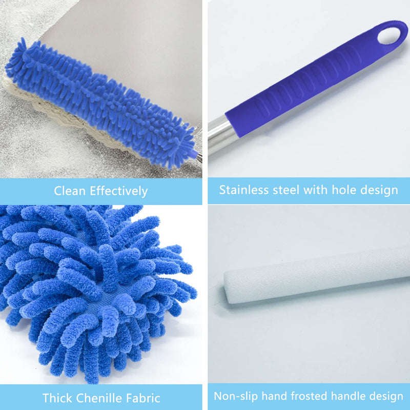 Microfiber Duster, Feather Duster with 100 Inch Telescoping Extension Pole, Reusable Bendable Dusters, Washable Lightweight Dusters for Ceilings Fans [2022 Upgrade] Blue