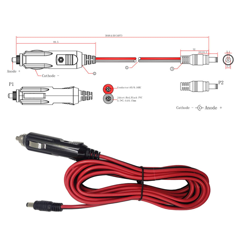 AEISVIK DC Car Charger Cable - 12-24V DC Car Charger Auto Power Supply Cord Cigarette Lighter Male Plug to DC 5.5mm x 2.1mm Connector Extension Cord for Portable DVD Player, Car, Camera (10FT) 10FT