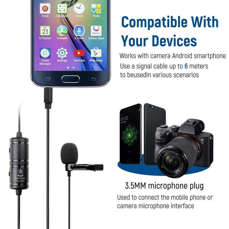 Lapel Microphone Kit for Android iPhone, 20 Feet 3.5mm 360° Omnidirectional Audio Video Recording Professional Lavalier Microphone Easy Clip-on Wired Mic for YouTube Interview Ipad Camera Camcorder