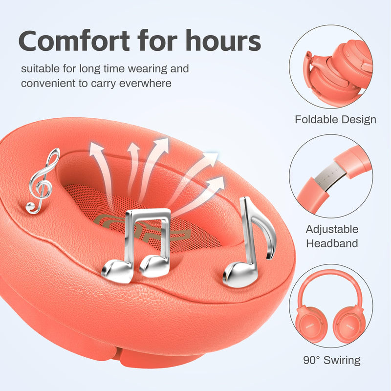 Bluetooth Headphones Over Ear,BERIBES 65H Playtime and 6 EQ Music Modes Wireless Headphones with Microphone,HiFi Stereo Foldable Lightweight Headset, Deep Bass for Home Office Outdoors Etc(Orange Red) Orange Red