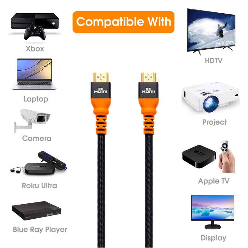 8K HDMI Cable 6.6Ft, IXEVER HDMI 2.1 Cable Ultra High-Speed 48Gbps [8K@120Hz] Nylon Braided Cord Support Dynamic HDR, Dolby Atmos Compatible with Apple TV, PS4, PS5, Roku, Samsung QLED, Projector