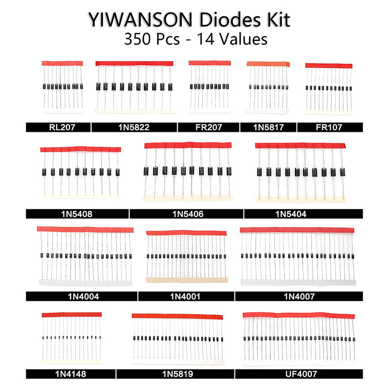 350Pcs 14 Values Diodes Assortment Kit, YIWANSON 1N4001 Diode 1N4004 1N4007 1N4148 1N5404 1N5406 1N5408 RL207 FR107 FR207 UF4007 1N5817 1N5819 1N5822 Schottky/Rectifier/Fast Recovery/Switch Diode