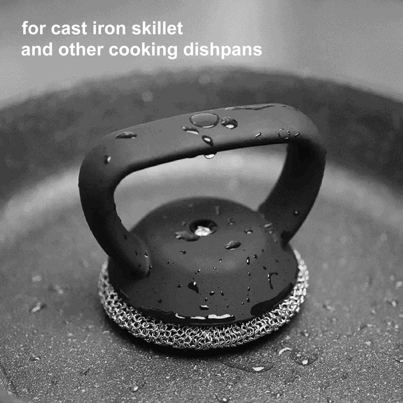 FFfeily Cast Iron Cleaner Chainmail Scrubber 316 Stainless Chainmail Cleaner Scrubber with Handle Metal Scrub Brush for Cast Iron Skillet Cleaner Brush Stainless Steel Small Rings