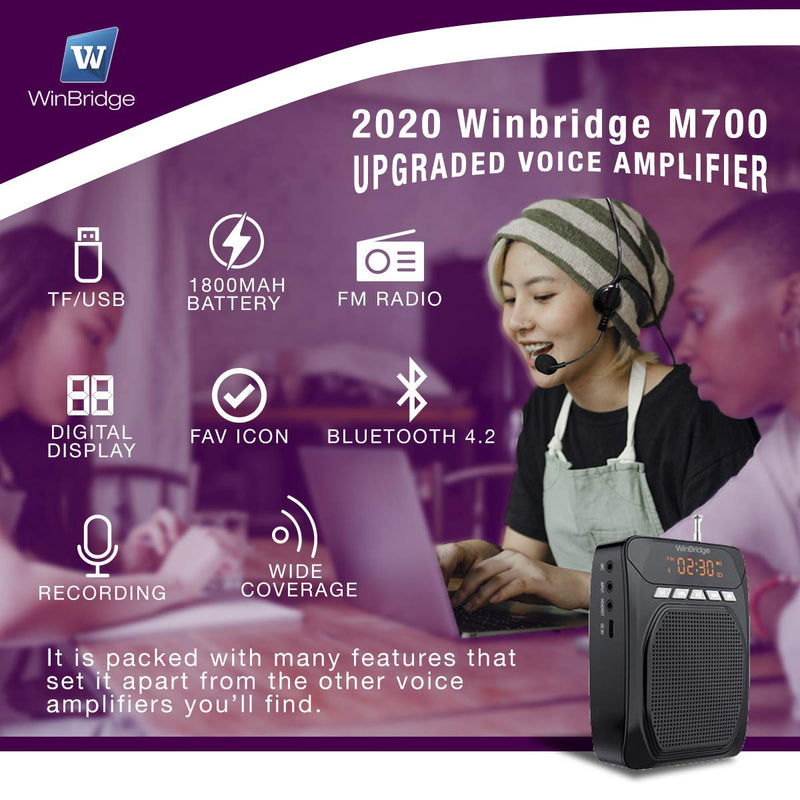WinBridge Voice Amplifier for Teachers Speaker Bluetooth Portable with Lavalier Lapel Microphone Click On and Headset Microphone, Personal PA System for Voice Amplification 15W|1800mAh M700 Plus