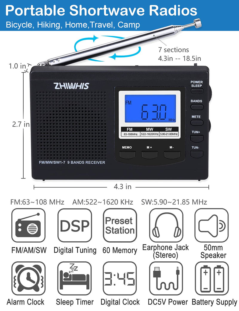 Portable Radio, ZHIWHIS AM FM Shortwave Radios with Best Reception, Battery Operated Clock Radio with Preset Function, Alarm Clock Digital Tuner with Sleep Timer black