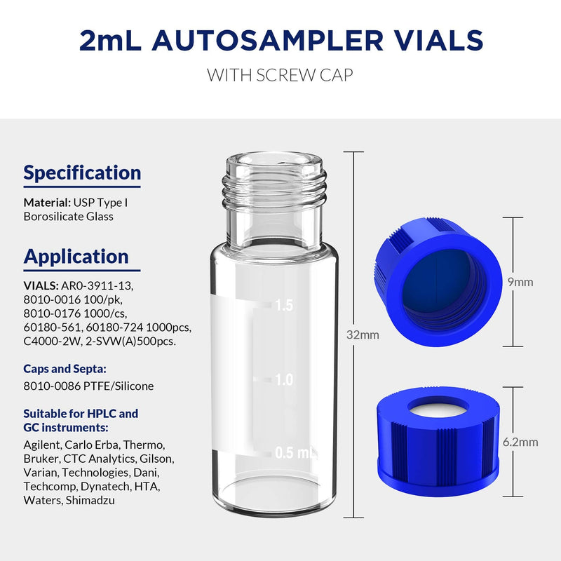 [AUSTRALIA] - 2mL Autosampler Vials with Writing Area and Graduations, 9-425 HPLC, Screw Cap, Blue PTFE & White Silicone Pre-Slit Septa, 100 Pcs Clear Blue White Pre-Slit 