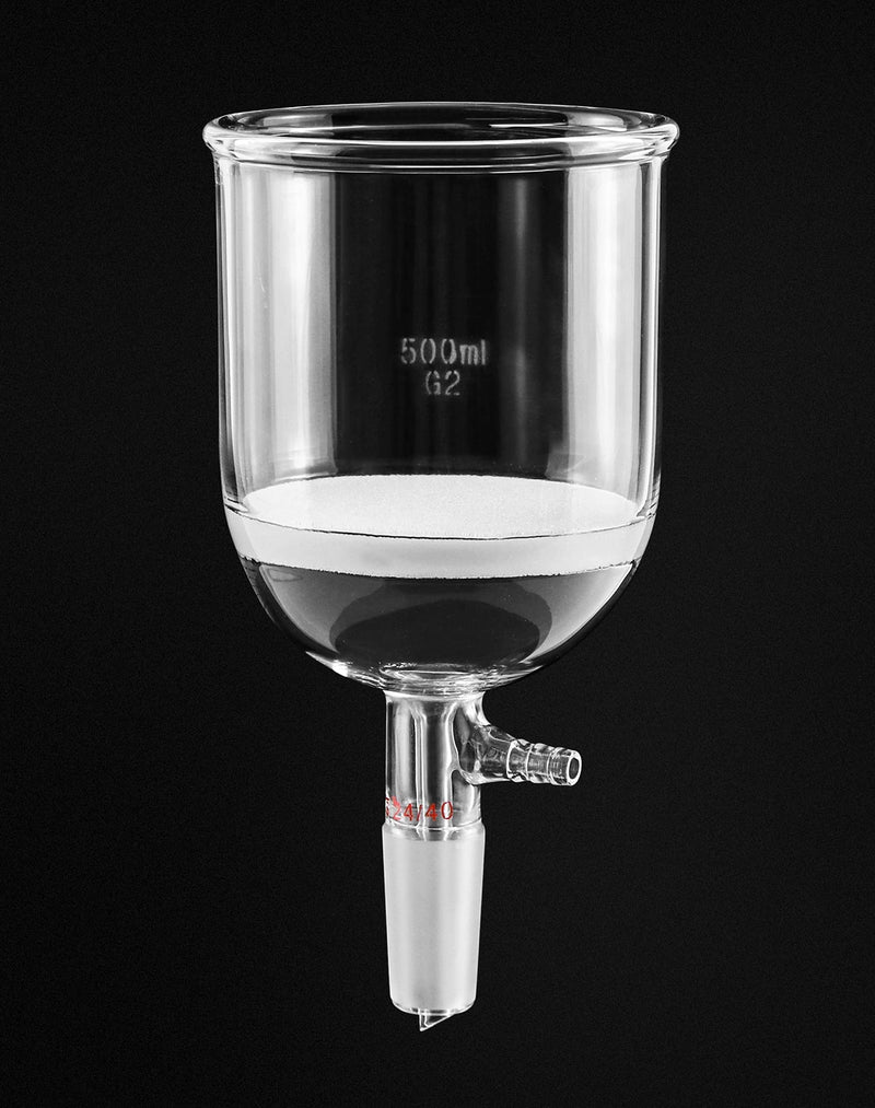 QWORK 500ml Filtering Buchner Funnel Medium Frit (G2) Lab Glassware with Standard 24/40 Joint and Vacuum Serrated Tubulation, 94mm I.D, 100mm Depth 500 ML