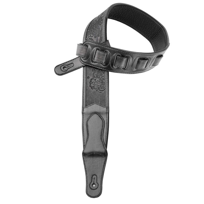 Walker & Williams LIE-12 “Weathered” Black Leather Padded Guitar Strap with Embossed Tooling