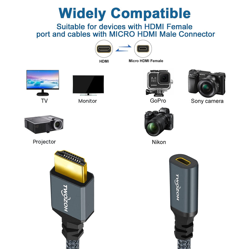 Twozoh Full Size HDMI to Micro HDMI Female Adapter Cable, Micro HDMI Socket to HDMI Adapter Cable Support 3D/4K 1080p.(20CM/0.6FT) HDMI Male to Micro Female
