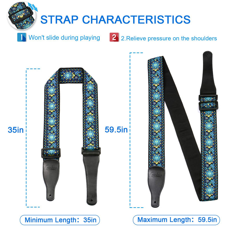 Guitar Strap Jacquard Weave Vintage Guitar Shoulder Strap with Durable Leather Ends for Bass, Electric & Acoustic Guitars (Blue-Yellow) Blue