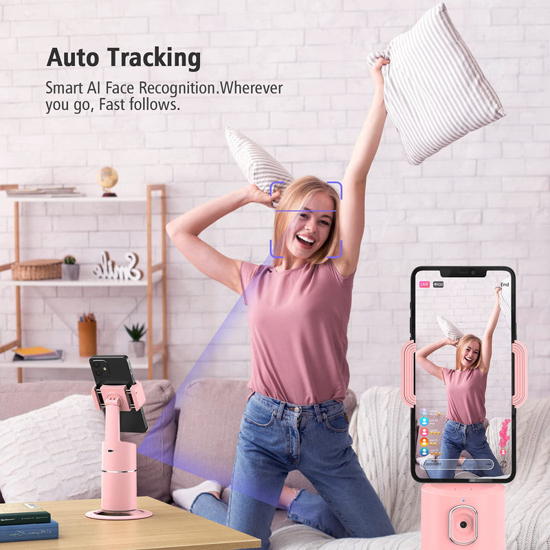 [AUSTRALIA] - Auto Face Tracking Phone Holder, No App Required, 360° Rotation Face Body Phone Tracking Tripod Smart Shooting Camera Mount for Live Vlog Streaming Video, Rechargeable Battery-Pink Pink 
