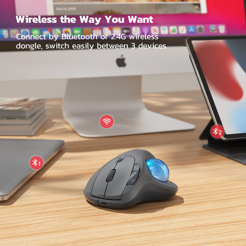 Wireless Trackball Mouse, Rechargeable Ergonomic Mouse, Easy Thumb Control, Precise & Smooth Tracking, 3 Device Connection (Bluetooth or USB), Compatible for PC, Laptop, iPad, Mac, Windows, Android Grey-Blue