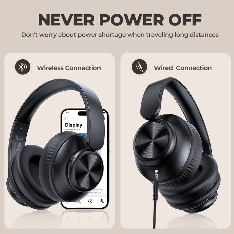 V8 Bluetooth Headphones, 80 Hours Playtime Wireless Headphones with Deep Bass,Lightweight Foldable Headphones Built-in Mic,HiFi Stereo Sound for Travel Work Laptop PC Cellphone 2EQ Black