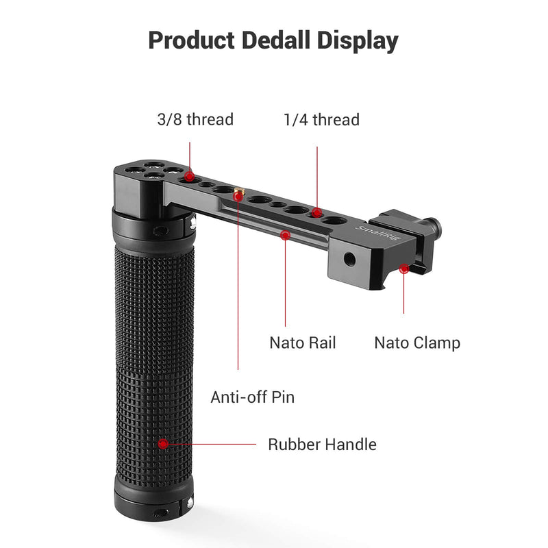 SMALLRIG DSLR Camera Side Handle Bracket with Built-in NATO Rail and 1/4" Mounting Holes, Rubber Handgrip – 1951