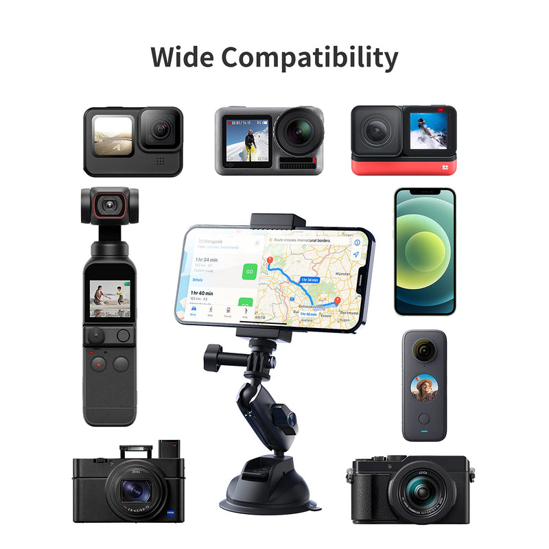 Suction Cup Mount Windshield Window Dashboard Car Mount with Phone Holder for GoPro Max Hero 9 8 7 6 5 Insta360 DJI Action 2 Osmo Pocket 2 iPhone Android