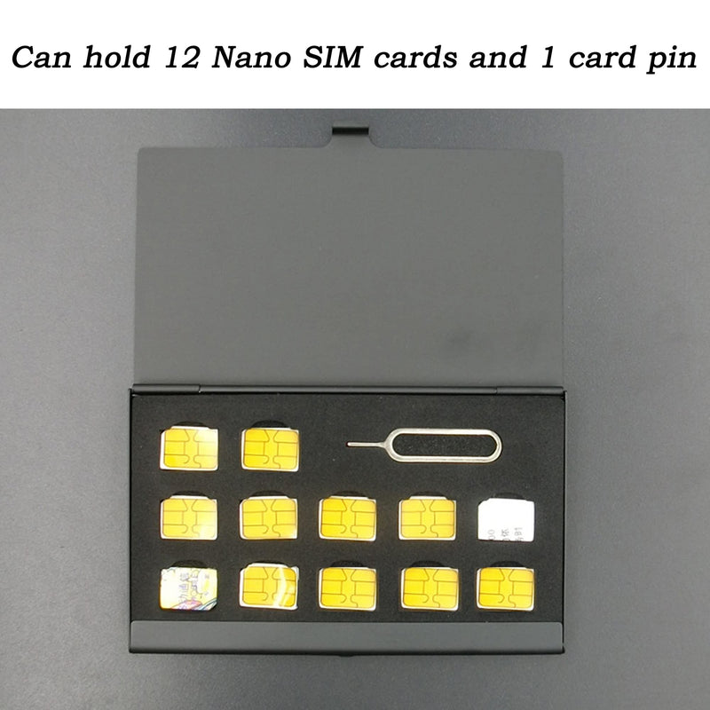 Aluminum SIM Card Case, Universal Waterproof Slim Mini SIM Card Slots Storage Case, Can Hold 12 Nano SIM Card &1 Cell Phone Eject Pin Slots (Black) + 1 Card Pin