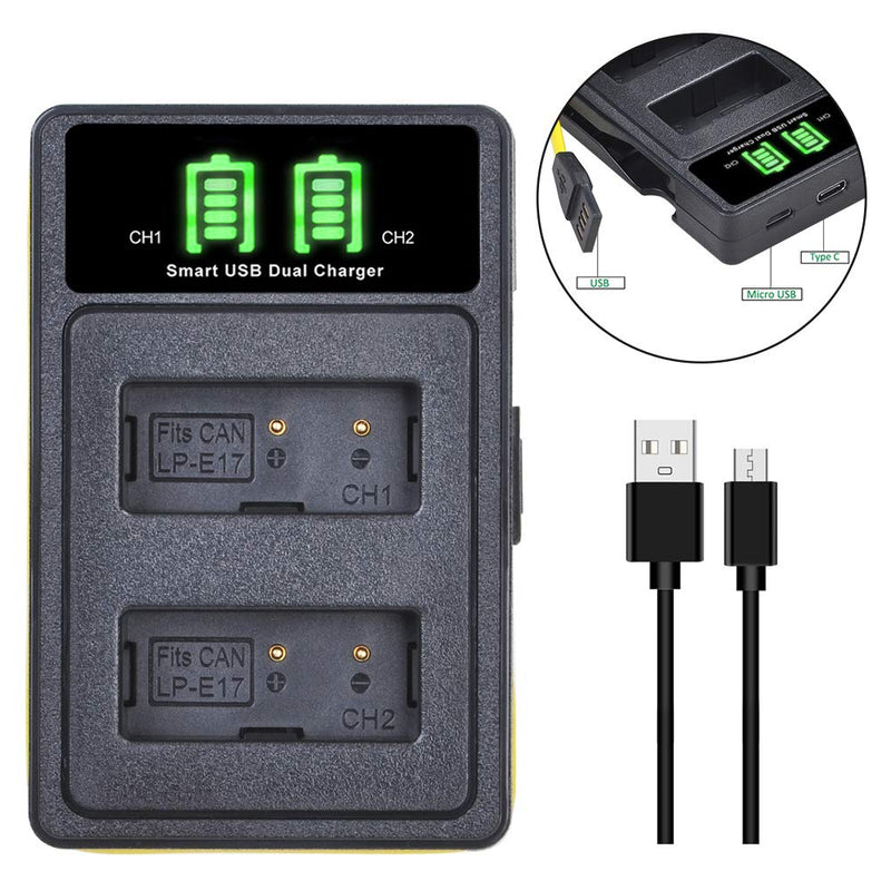 Pickle Power LP-E17 Battery(2 Pack) and LED Dual Charger with Type-C Charging Port for Canon Rebel SL2,T8i,T7i,T6i,T6s,SL3,EOSM3,M5,M6,EOS 200D,77D,750D,760D,800D,8000D SLR Camera