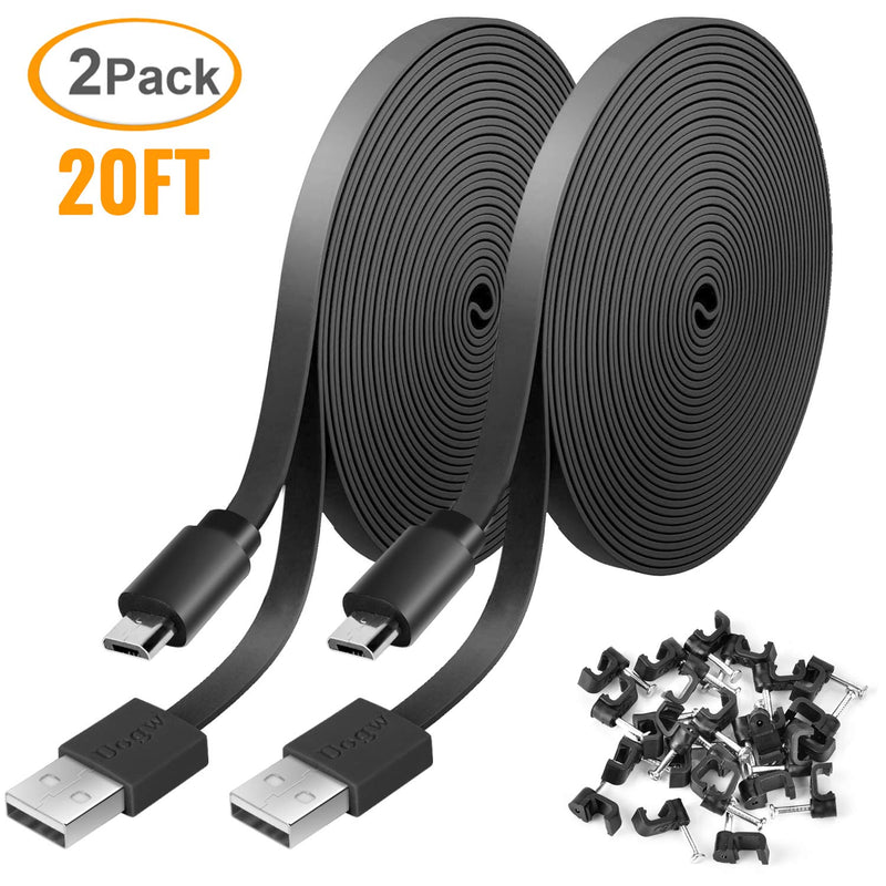 2 Pack 20FT Power Extension Cable Compatible with WyzeCam, Wyze Cam Pan, NestCam Indoor,Blink, Yi Camera,Amazon Cloud Camera,USB to Micro USB Durable Charging and Data Sync Cord (Black) Black