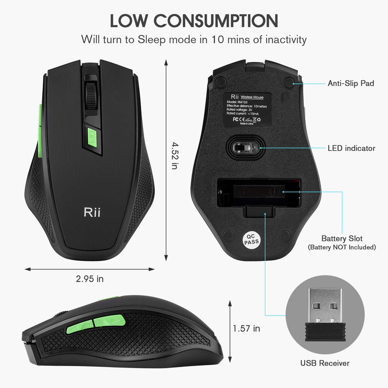 Rii RM103 2.4G Wireless Optical Mouse with 1000 1200 1600 DPI, 6 Buttons，USB Plug & Play，Innovative Design for Notebook, PC, Laptop, Computer, MacBook