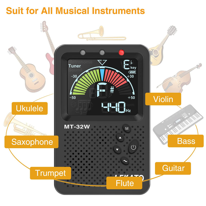 LEKATO Metronome Tuner, Rechargeable 3 In 1 Digital Tuner Metronome Tone Generator for Guitar, Bass, Violin, Ukulele Chromatic Multifunction Tuner for All Instruments Metronome with Human Voice Beat Black