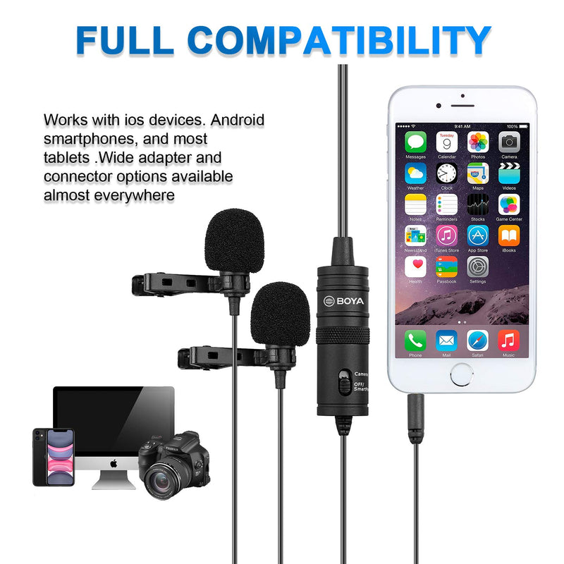 Dual Lavalier Microphone for Smartphone Camera,157 Inch/4m BOYA BY-M1DM Dual-Head Lapel Mics with 1/8 Plug Adapter Compatible with iPhone 11 X 8 Android Smartphone Canon Nikon DSLR Camcorder Recorder