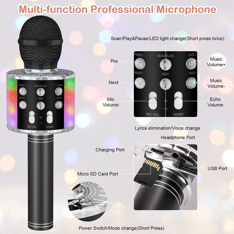 Verkstar Karaoke Microphone,Upgrade Bluetooth Wireless Karaoke Mic for Kids Adults Portable Handheld Singing Speaker Machine with Colorful LED Lights for Christmas Birthday Gifts Black
