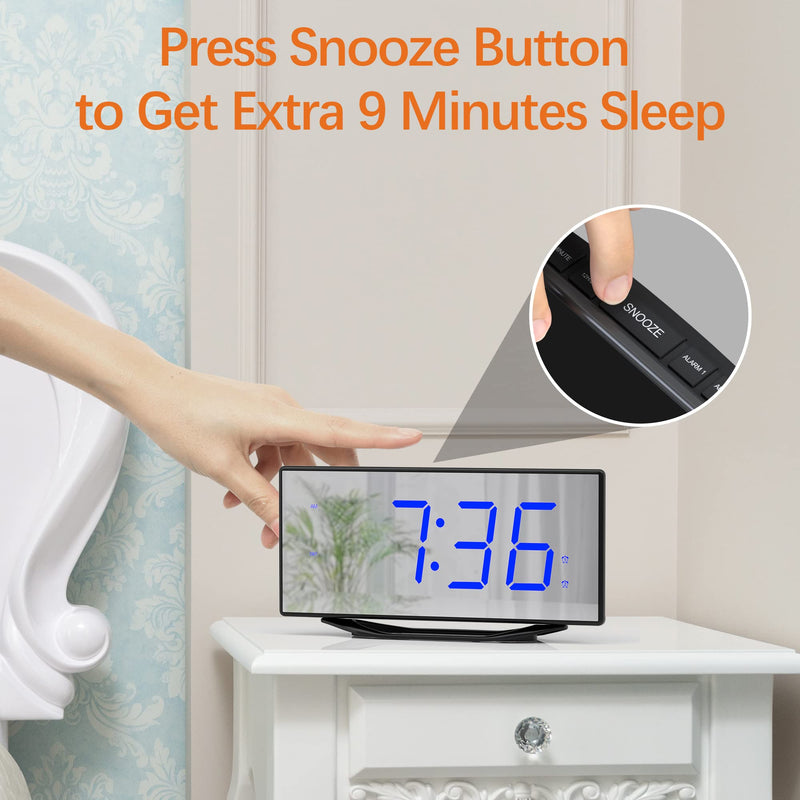 Digital Dual Alarm Clock with 2 USB Chargers for Heavy Sleepers Adults, 8.7" Large LED Display, Extra Loud Mirror Clock with Battery Backup, Easy to Set, Dimmable, Decent Alarm Clock for Bedrooms Kids Blue Digit