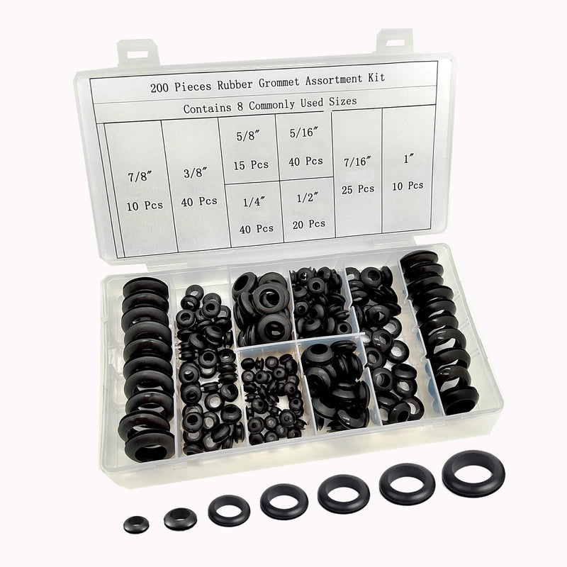 YUFANNET 200Pcs Rubber Grommet Assortment Kit, 8 Sizes Rubber Grommets for Wiring Automotive,Plumbing, Hardware Repair Firewall Hole Plug Electrical Wire Gasket Set