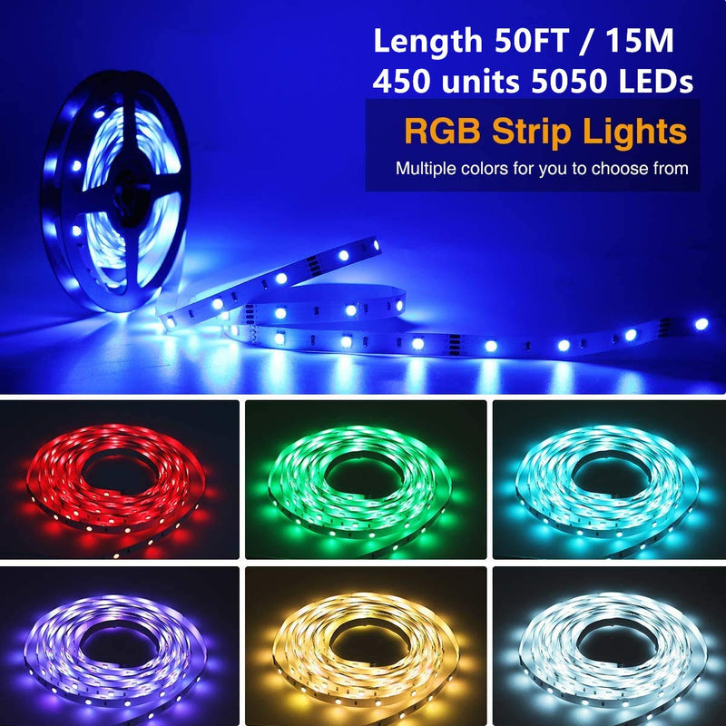 [AUSTRALIA] - 50Ft Smart Led Strip Lights with Music Sync, 5050 450LEDs RGB Strip Lights with Remote Controller, Sensitive Built-in Mic, App Controlled LED Lights Tape Lights for Home, Ceiling, Bedroom 50FT 