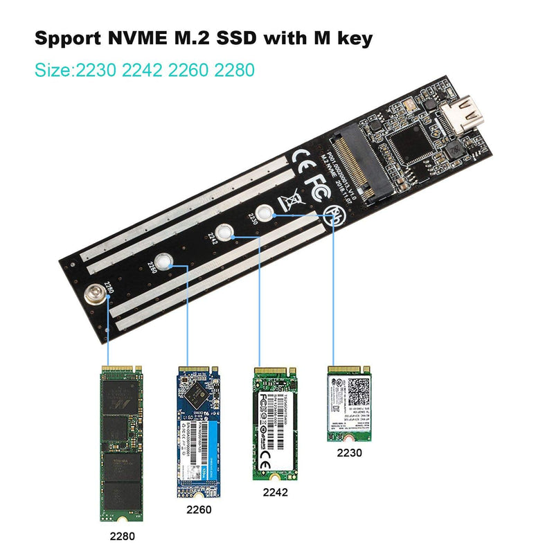 J&D NVME SSD to USB C Gen 2 Enclosure, M.2 NVME M Key SSD to USB 3.1 Type C Aluminum Converter Case, Support 2230/2242/2260/2280 Samsung 960/970 EVO/PRO WD Black NVME SSD Silver