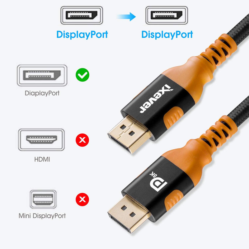 8k DisplayPort Cable [16FT/5M], IXEVER 1.4 DisplayPort to DisplayPort Nylon Braided Cable Long Support [4K@144Hz, 8K@60Hz] 32.4Gbps HBR3 HDR10 HDCP 2.2 for Monitor, TV, Project 16FT