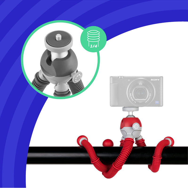 JOBY PodZilla Medium Kit, Tripod for Smartphones and Compact Mirrorless Cameras, Flexible Tripod with Ball Head Included and GripTight 360 Phone Mount, Devices up to 1 Kg, Red Medium Kit Red