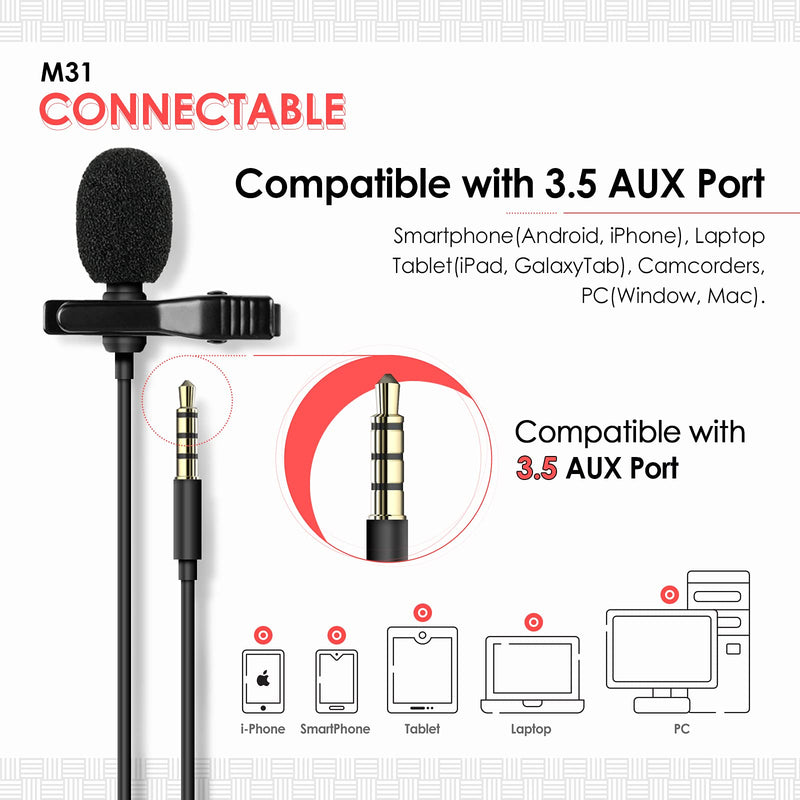 Lavalier Microphone - Easy Clip on Microphone - Lapel Microphone - omnidirectional Microphone for iPhone - Tiny Microphone with Clip - lav mic - Lapel mic - Microphone lavalier… 3.5 mm AUX