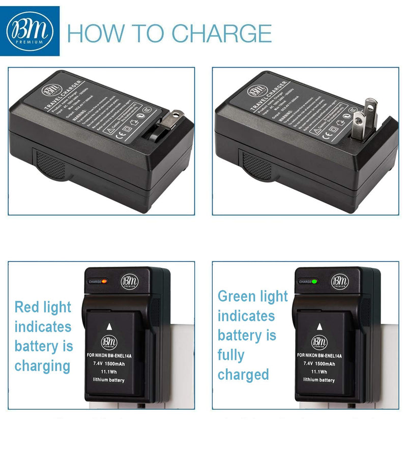 BM Premium EN-EL14A, EN-EL14 Battery and Charger for Nikon D3100, D3200, D3300, D3400, D3500, D5100, D5200, D5300, D5500, D5600, DF, Coolpix P7000, P7100, P7700 Digital SLR Cameras