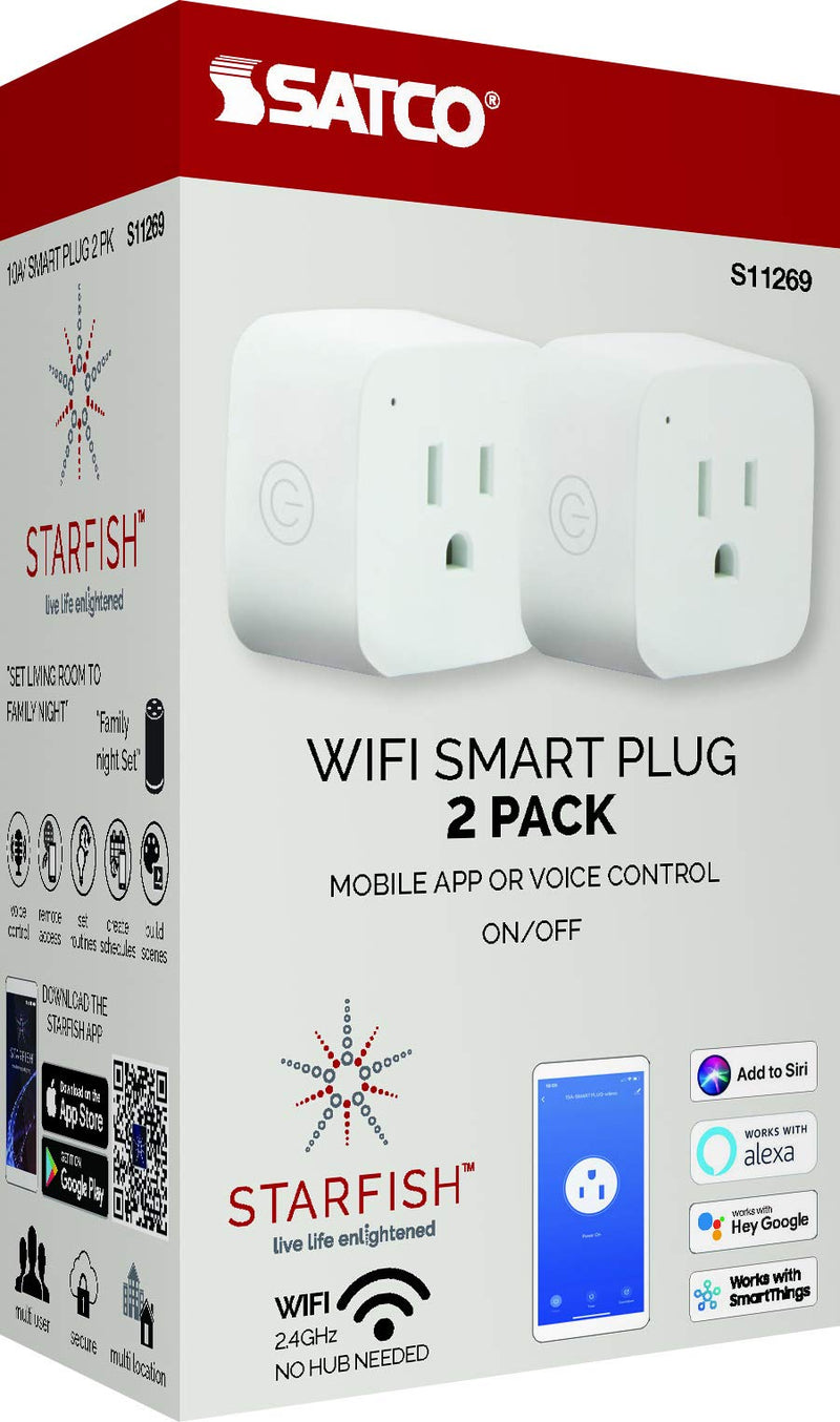 Satco S11269 Starfish 2-Inch Mini-Square On/Off WiFi Smart Plug Outlet, Works with Siri, Alexa, Google Assistant, SmartThings, White, 2 Pack ON/OFF Mini Outlet - 2 Pack