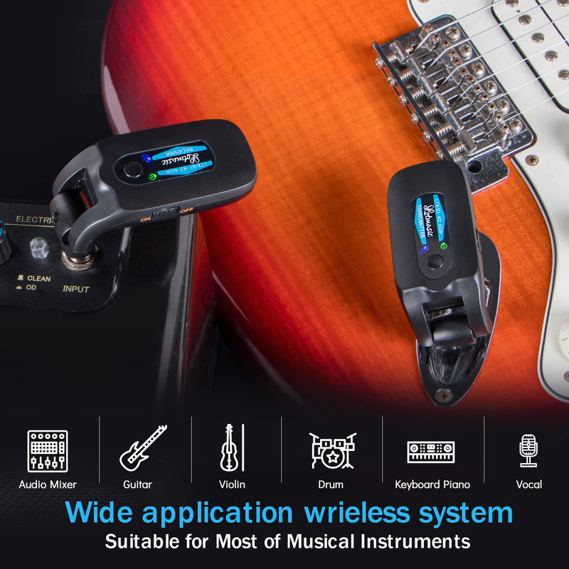 2.4GHZ Wireless Guitar System, Rechargeable Digital Wireless Guitar Transmitter Receiver with 4 Channels and Over 10 Hours Long Battery Life for Electric Guitar Bass Blue