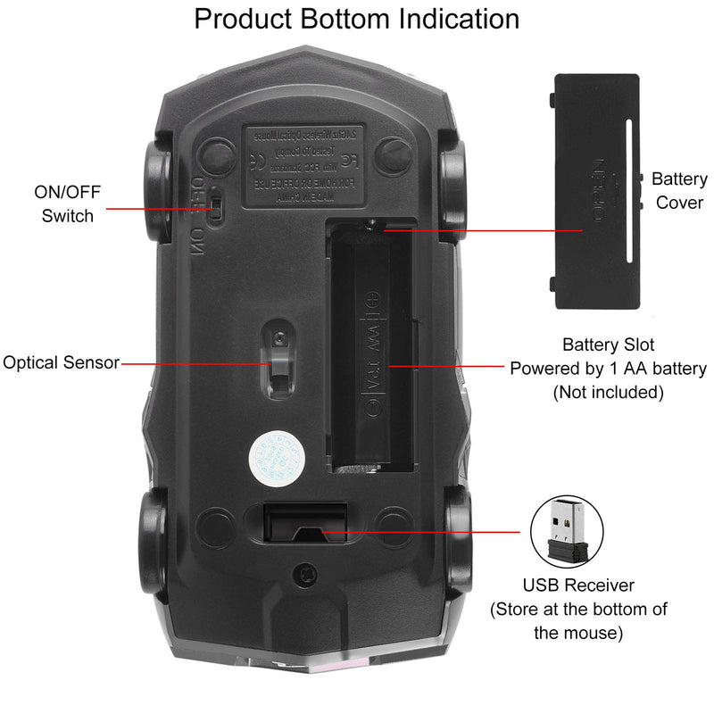 CHUYI Cool Sports 3D Car Shape 2.4Ghz Wireless Optical Mouse 3 Button 1600DPI Cordless Office School Home Travel Mice with USB Receiver for PC Laptop Computer Gift (Black-1 Pack) Black
