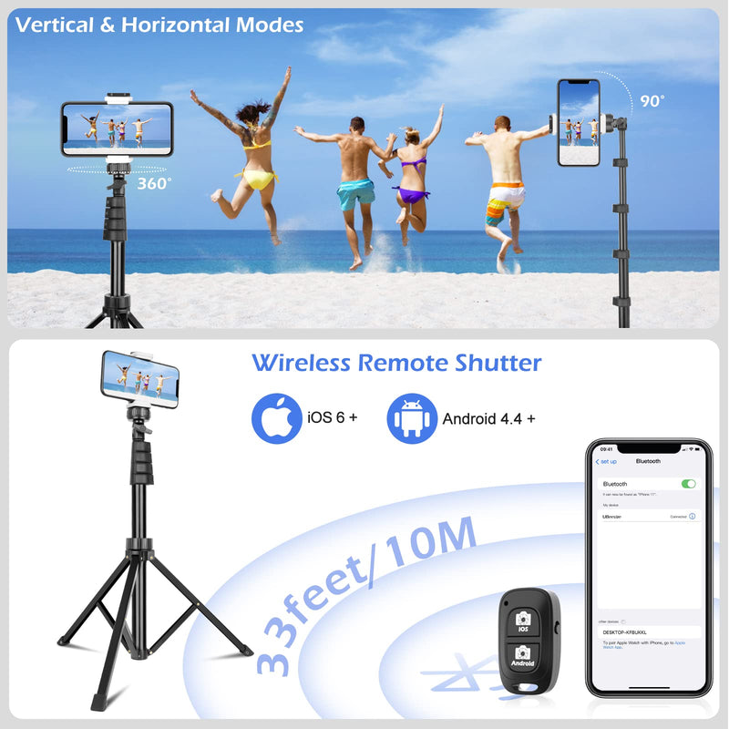 Sensyne 62" Phone Tripod & Selfie Stick, Extendable Cell Phone Tripod Stand with Wireless Remote and Phone Holder, Compatible with iPhone Android Phone, Camera (Black) 62in Black