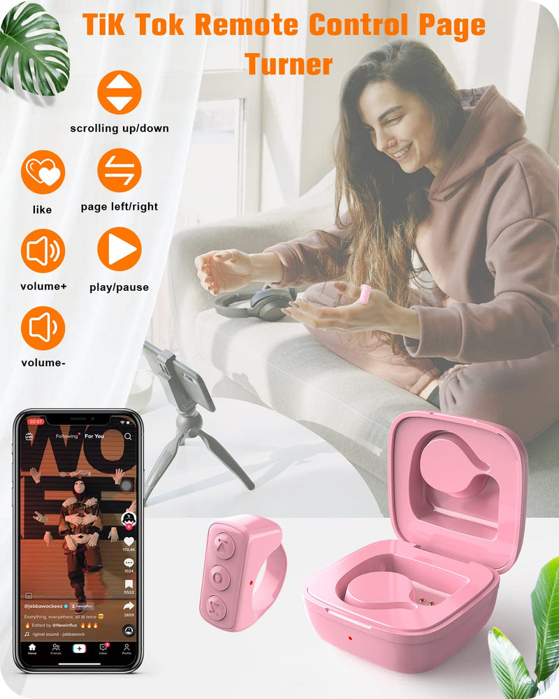 TikTok Remote Control Kindle App Page Turner, Bluetooth Camera Video Recording Remote, TIK Tok Scrolling Ring for iPhone, iPad, iOS, Android - Pink