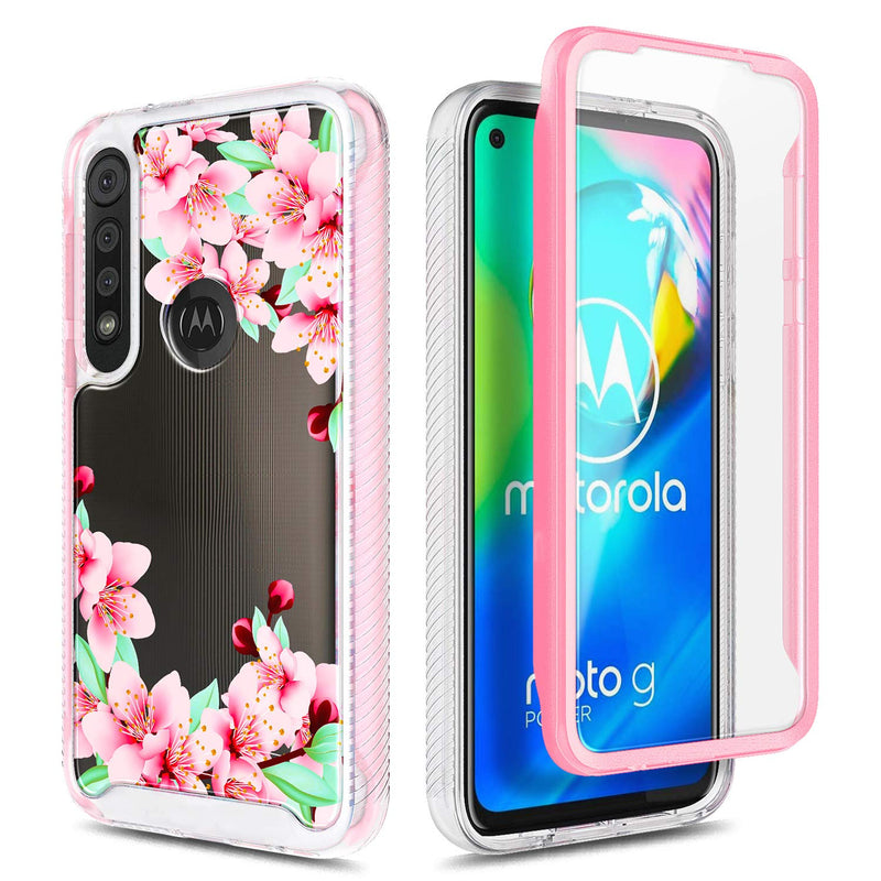 E-Began Moto G Power Case with [Built-in Screen Protector], Full-Body Shockproof Protective Bumper Cover, Impact Resist Durable Cute Case for Motorola G Power (2020) -Flower Design Peach Blossom Flower Design Peach Blossom