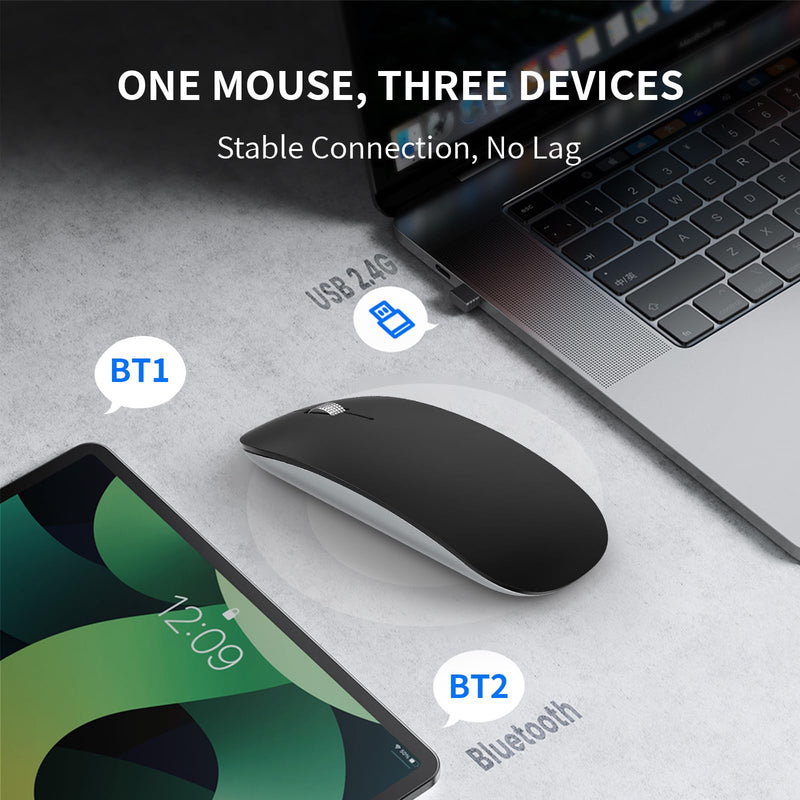 TENMOS M18 Bluetooth Mouse, USB C Rechargeable Wireless Mouse, Triple Mode (Dual Bluetooth+USB) Computer Silent Mice Portable with USB Receiver Type C Adapter for Laptop/MacBook/iPad/PC - Matte Black
