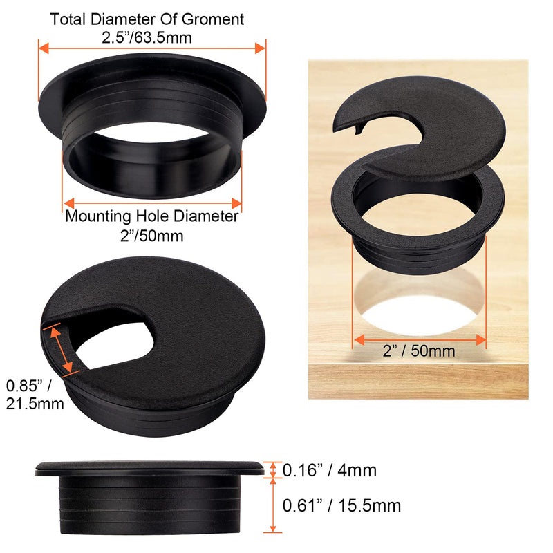 20 Pack 2 Inch/50mm Round Plastic Desk Grommets, Black Wire Organizer Caps, PC Computer Port Cable Hole Cover Plug Bushings, Perfect for Hide Data Cords in Office Desk, TV Stands, Tabletops and More
