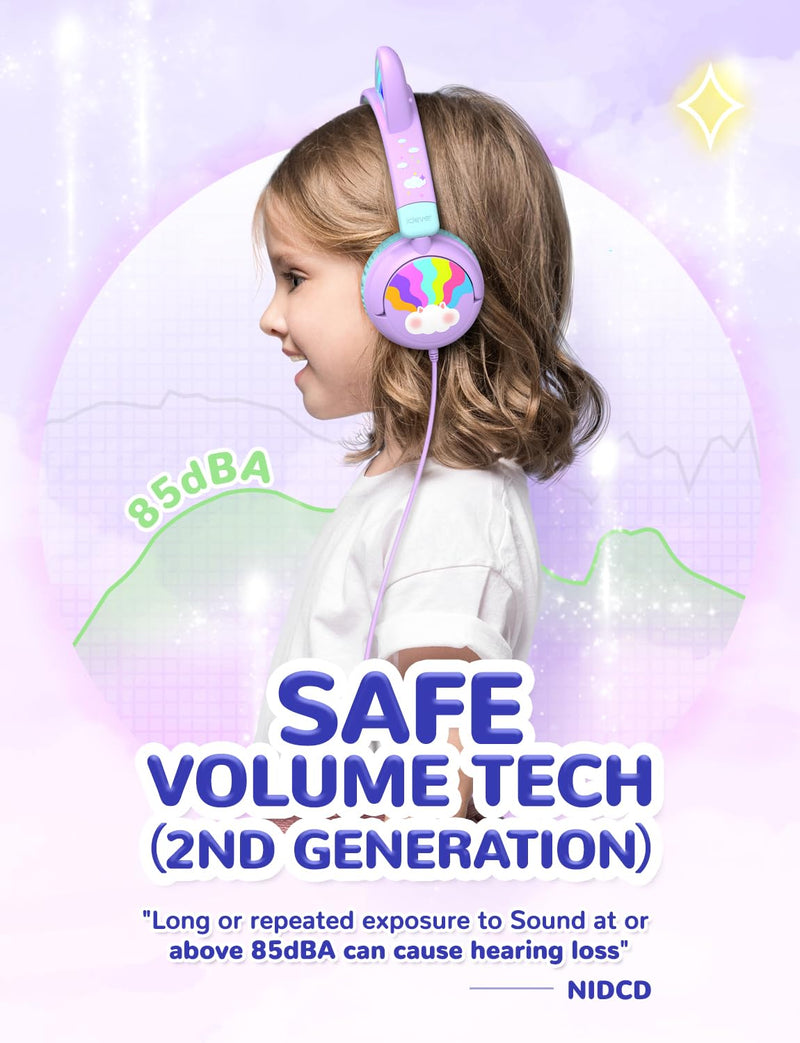 iClever Kids Headphones Cat Ear, LED Light Up, 85dBA Safe Volume, Stereo Sound Toddler Headphones for Travel School, Foldable 3.5mm Wired Kids Headphones for iPad Tablets, Meow Lollipop-Purple Purple