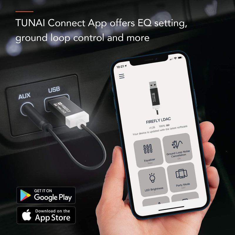 TUNAI Firefly LDAC Bluetooth Receiver: High Resolution Wireless Audio Bluetooth 5.0 Adapter with Audiophile USB DAC 3.5mm AUX for Car/Home Stereo Hi Res Music Streaming; Auto On, No Charging Needed