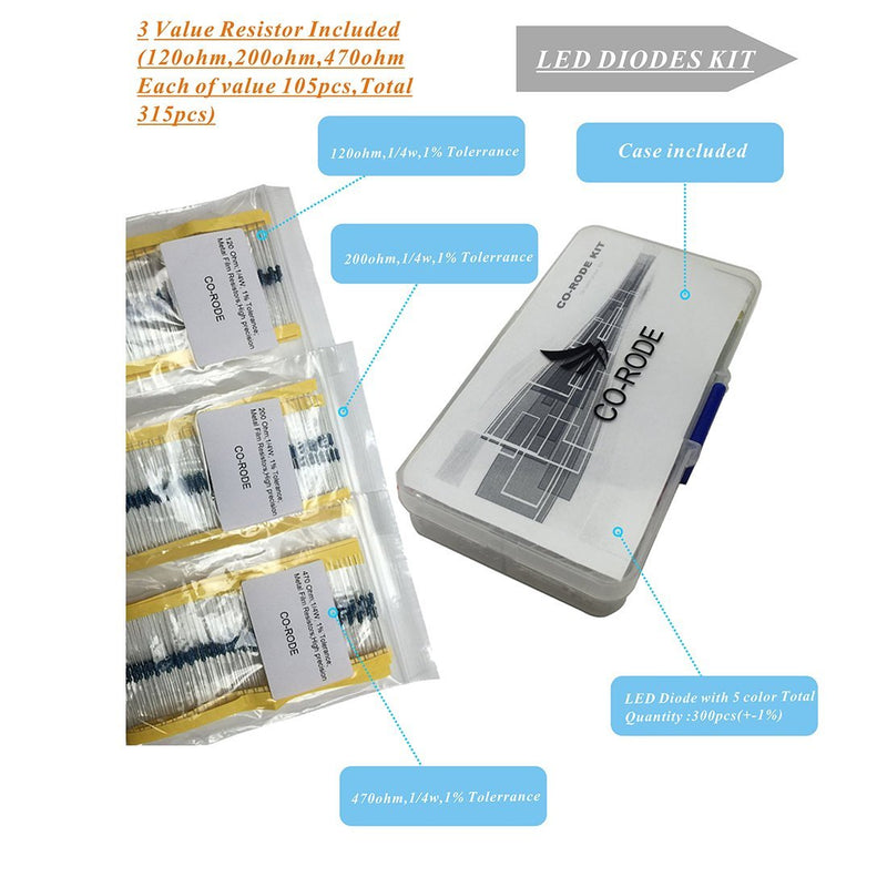 CO RODE LED Diode 3mm 5mm LED Light Kit Clear with Color White Red Blue Green Yellow, Resistors Included