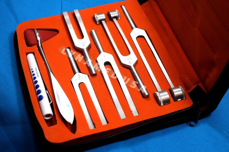 New Premium Grade Tuning Fork Set of 7 C128 C256 C512 C1024 and C2048 Plus Taylor Hammer and Pen Light Complete Diagnostic Set All in One