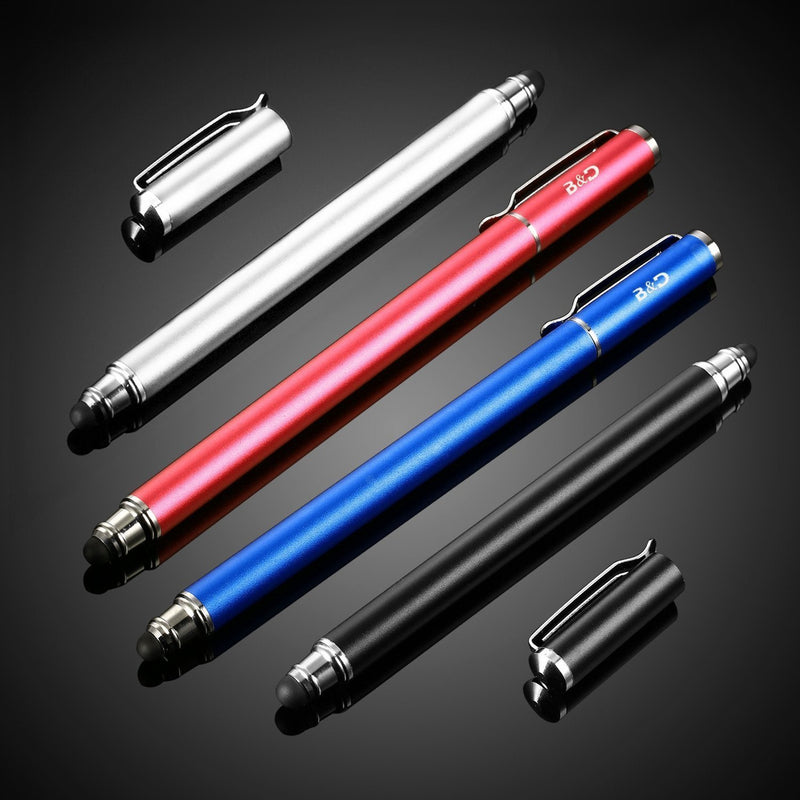 Bargains Depot Capacitive Stylus / Styli 2-in-1 Universal Stylus Pens for All Touch Screen Tablets / Cell Phones with 20 Extra Replaceable Soft Rubber Tips (4 Pieces, Black/Red/Silver/Blue) Black&Red&Silver&Blue