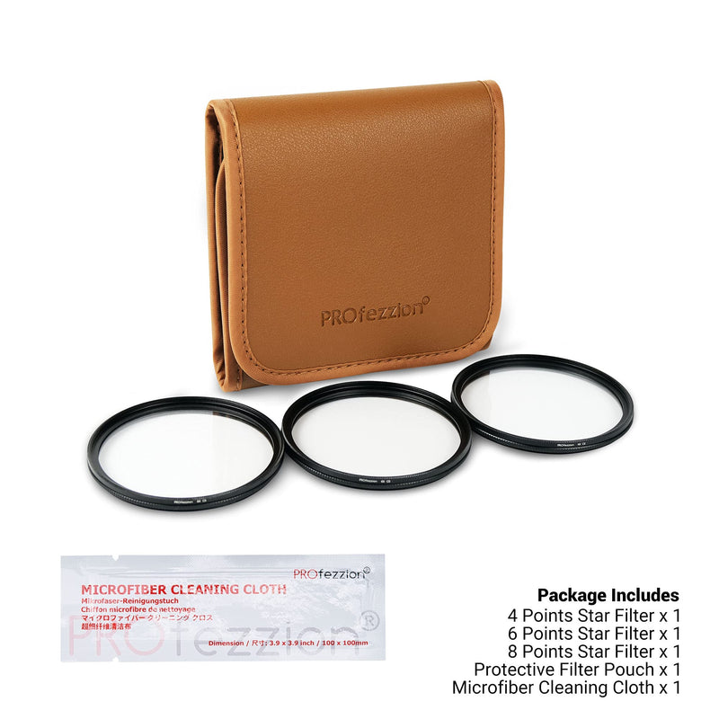 PROfezzion 67mm Star Filter Kit 3 Pieces (4 Points, 6 Points, 8 Points) Adjustable Starburst Filter for Canon EF-S/RF/Sony FE Kit Lens, Cross Star Effect Filter Set for Camera Lens