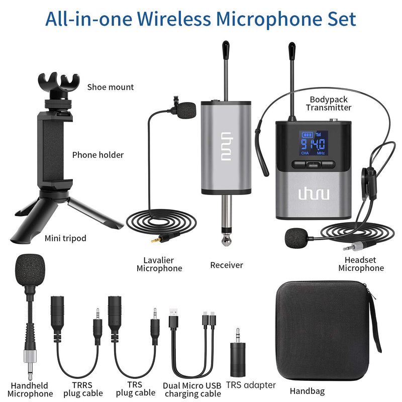 Wireless Lavalier Microphone,UHURU Wireless Microphone with Lavalier Mic, Headset Mic, Handheld Mic, Rechargeable Bodypack Transmitter & Receiver for PA Speaker, Cameras, Teaching, Video Recording WM-720