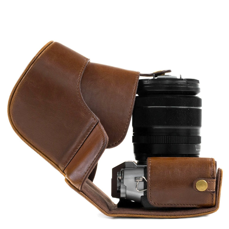 MegaGear Ever Ready Leather Camera Case and Strap Compatible with Fujifilm X-T30, X-T20, X-T10 (16-50mm / 18-55mm Lenses) Dark Brown